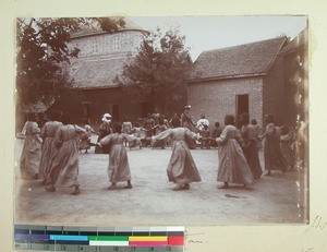 Girls from Antsahamanitra Girls' School playing in the courtyard, Antananarivo, Madagascar, 1901