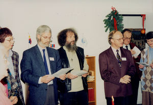 Reception 9.12.1994. Formand Thorkild Schousboe Laursen og General sekretær Jørgen Nørgaard Pedersen, i midten Ole Skærbæk Madsen