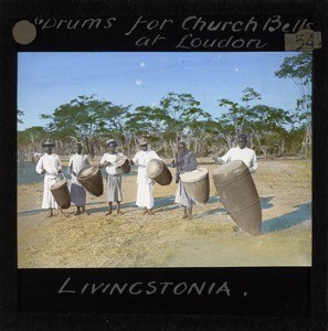 "Drums for Church Bells at Loudon, Livingstonia", Malawi, ca.1910