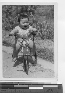 A little baby boy learning to ride a tricycle at Xinhui, China, 1938