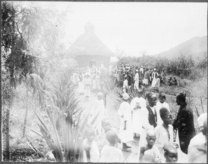 Congregants in front of the church, Mbaga, Tanzania, ca. 1911-1914