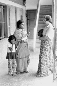 BNELC, Bangladesh, 1980. Missionary, Dr. Else Høilund speaking with Housekeeper, Naomi Tudu, at