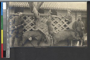 Hunters with animals they killed, Tehchow, Shandong, China, 1922