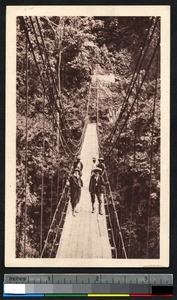 Five men on a suspension bridge, Oceania, ca.1900-1930