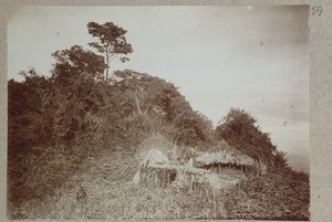 African homestead at a hillside with cultivated land