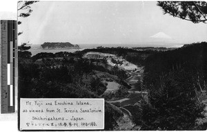 Mt. Fuji, Enoshima Island and St. Teresia Sanatorium, Shichirigahama, Japan, ca. 1936