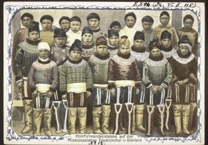 "Confirmation class at the mission station Friedrichsthal in Greenland." (caption in picture)