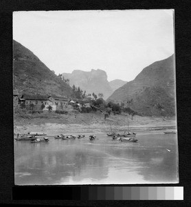 Mountain village near river, Sichuan, China, ca.1900-1920