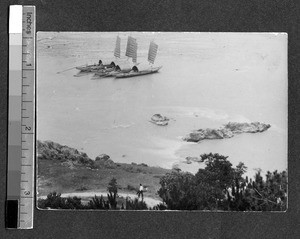 Four boats on a river, Ing Tai, Fujian, China, ca. 1910