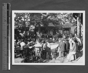 Shantung Christian University students in a meeting on retreat, Shandong, China, 1936