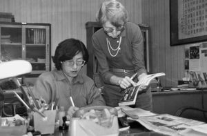 Taiwan Lutheran Church Office, Taipei 1988. DMS Missionary Ulla Christiansen (right) and the Ch