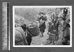 Caravans of goods along a mountain path, Tibet, China, ca.1941