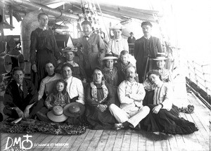 Group of Swiss missionaries aboard a ship, Africa, ca. 1896-1911