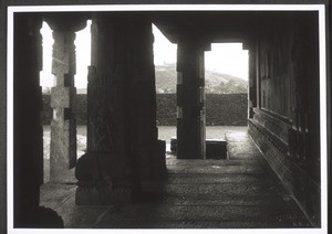 Karkala. Pillar Hall of Jain Temple of the Four Fronts with Gummatha in distance