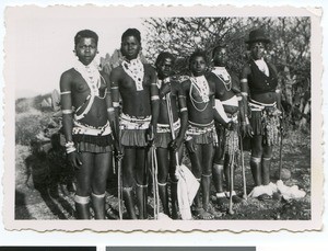 Six African girls wearing traditional dresses, South Africa