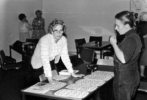 Esther Bertelsen and Bente Haargaard at employee course, Liselund 1981