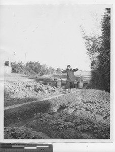 A woman carrying water at the Mission at Danzhu, China, 1947