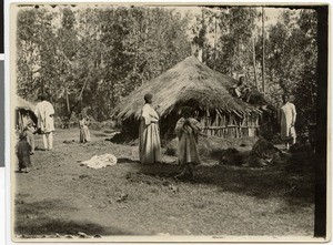 Ethiopian man thatching a house, Addis Abeba(?), Ethiopia