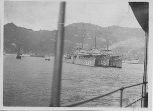 Three warships side by side in Hong Kong harbor, China, ca.1920