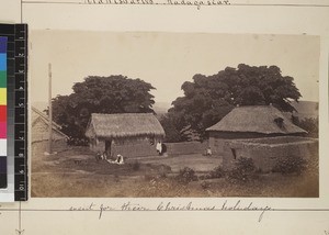 View of missionaries outside houses, Miantsoarivo, Madagascar, ca. 1872