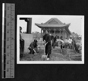 Ginling College students planting trees for Arbor Day, Nanjing, Jiangsu, China, ca.1923