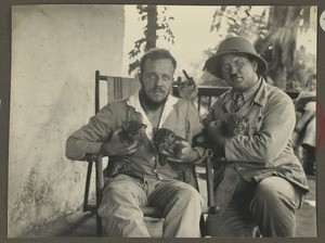 Missionaries with leopards, Shira, Tanzania, ca.1930-1940