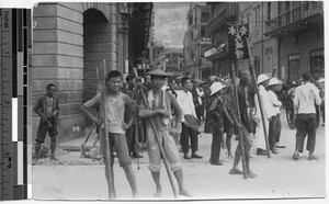 Construction workers or laborers in the street, Hong Kong, China, ca.1920