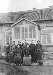 Missionary Karen Gormsen with women workers in Antung. On the back of the picture is noted: "We