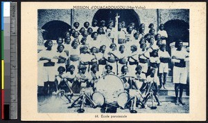 Parochial school students pose with instruments, Ouagadougou, Burkina Faso, ca.1900-1930