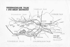 Kort over Vriddhachalam Taluk i Syd-Arcot distriktet, som den første danske missionær Carl Bindslev kom til i 1915. Kortet er tegnet af Per Illum og optrykt i Lillys Hørlyck's bog: Indien i støbeskeen, 1966