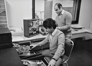 Technicians at the MECC broadcasting studio, Beirut (Middle East Christian Communication)1981