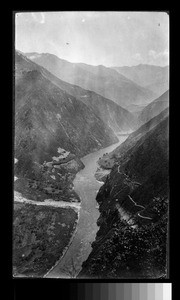 River traveling through mountain pass, Sichuan, China, ca.1900-1920