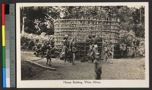 Group building a hut, Nigeria, ca.1920-1940