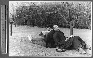 Staff relaxing outdoors, Jinan, Shandong, China, 1941