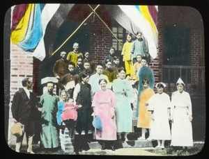 People standing on a hospital's steps, China, ca.1917-1923