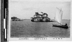 Sailboat approaching two islands, Matsushima, Japan, ca. 1920-1940