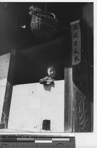 A child looking out the window of a house at Fushun, China, 1940