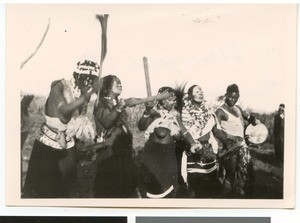 Dancing izAngoma with their master, Ehlanzeni, South Africa, 1946