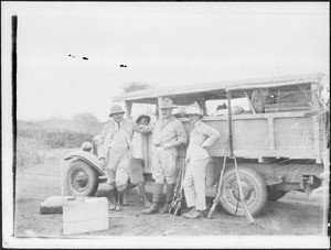 Travel party at a truck, Tanzania, 1929