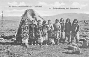 Polar Eskimos at summer tent, Greenland. Postcard No. 10 of the Danish Missionary Society