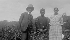 Madras, Arcot, South India, June 1927. Knud and Johanne Heiberg with Busharam at the garden aft