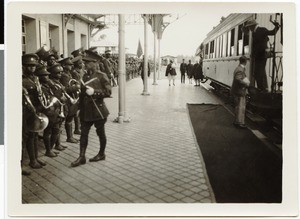 Ethiopian military band and honor guard at the station, Addis Abeba, Ethiopia, 1930