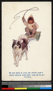 Drawing of a child being drawn by a dogsled, Greenland, ca.1920-1940