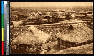 Aerial view of thatched-roof homes, India, ca.1920-1940