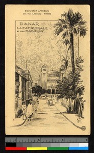 Sketch of the Dakar Cathedral from nearby street, Senegal, ca.1920-1940