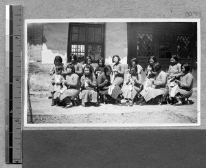 Learning to knit at Harwood Bible Training School, Fenyang, Shanxi, China, ca.1936-37