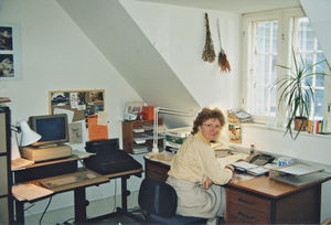 Personal Secretary of Danish Santal Mission at her office, Copenhagen 1990