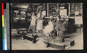Tableau of Congolese people in an exhibit, Congo, ca.1920-1940