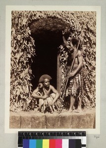 Portrait of Fijian men in doorway, ca. 1890