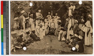 People gathered in a Christmas nativity scene, Congo, ca.1920-1940